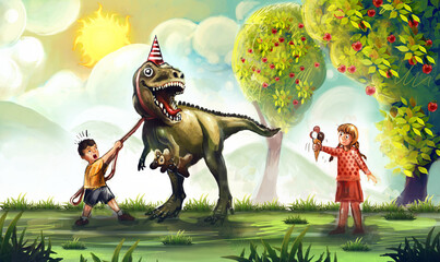 Childrans playing with pet tyrannosaurus