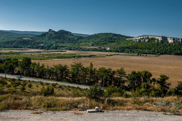 Fototapeta na wymiar Mountain landscape, the valley of ghosts, grass, rocks, Crimea Trekking