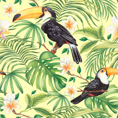 Watercolor seamless tropical pattern on a yellow background. With toucan birds, exotic flowers, palm leaves, orchids and frangipani.