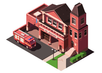 Building of fire department, station with standing fire truck, car. 3D element of city, town, urban infrastructure. Isometric vector illustration.