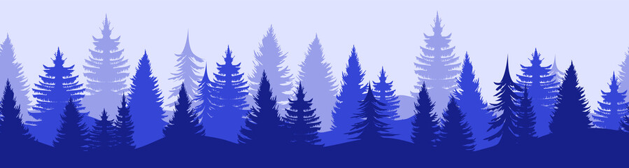 Forest panorama with coniferous trees. Horizontal panoramic seamless banner with hilly forest background, pine, cedar, wood in dark and light blue tones. Flat vector illustration. © GN.STUDIO