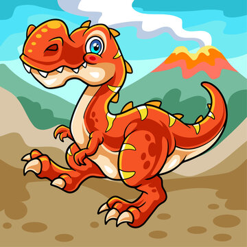 cartoon tyrannosaurus rex mascot isolated on erupting mountain scenery background