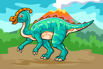 cartoon parasaurolophus mascot isolated on erupting mountain scenery background