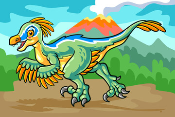 cartoon velociraptor mascot isolated on erupting mountain scenery background