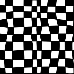 Fototapeta premium black and white Groovy Wavy Melted Psychedelic Hand Drawn Checkerboard Y2K 90s seamless pattern vector background. Retro hippie trippy optical repeat texture wallpaper, textile design.