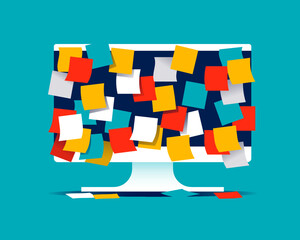 Computer screen totally covered by colored post-it. Vector illustration