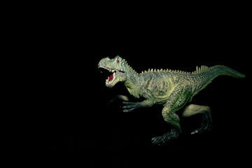 Toy carnivorous dinosaur on a black background. Prehistoric predatory dinosaur