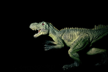 Fototapeta premium Toy carnivorous dinosaur on a black background. Prehistoric predatory dinosaur