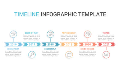 Horizontal timeline template with six arrows, infographic template for web, business, presentations, workflow or process diagram