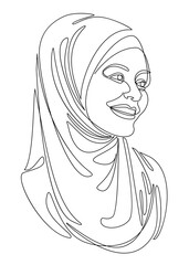 Girl head silhouettes. Lady in hijab, scarf, arabic muslim headdress, headscarf. Female face in modern one line style. Solid line, sticker outline, logo. vector illustration.