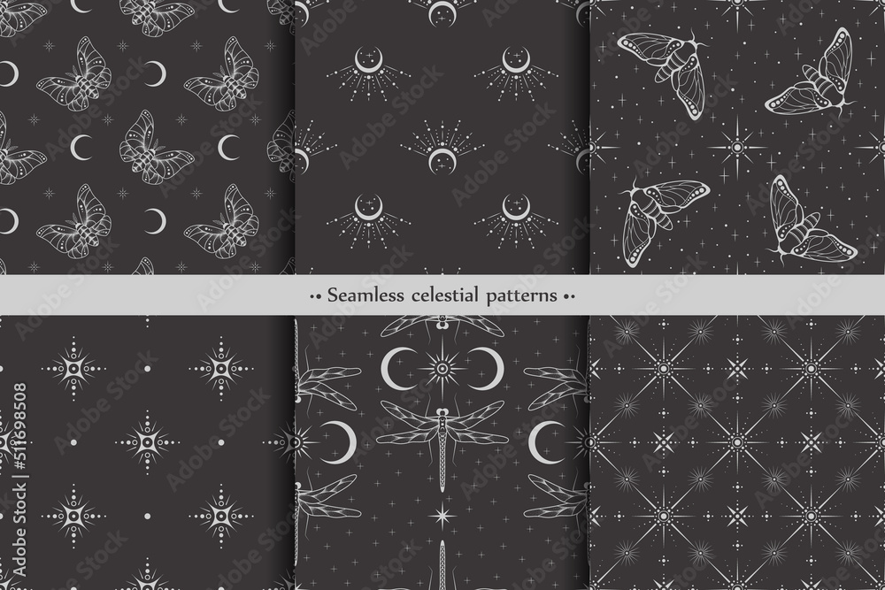 Wall mural set of vector seamless dark patterns with insects, crescents and different stars on a black. esoteri