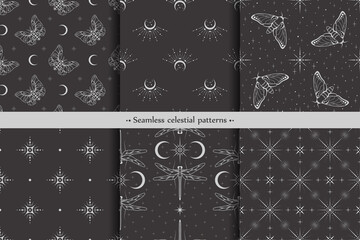 Set of vector seamless dark patterns with insects, crescents and different stars on a black. Esoteric mystical backgrounds with moths, dragonflies and butterflies and celestial elements