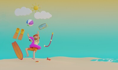 3D summer banner template with man catch ball snorkeling surfing 3D Render