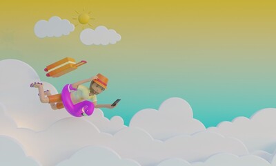 3D summer banner template with man phone luggage flying flamingo 3D Render