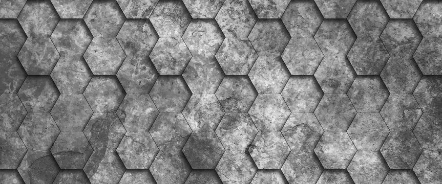 Abstract background of black marble hexagon tiles with gray gaps between them, black background of hexagons of different heights, top lighting. technological backdrop.	
