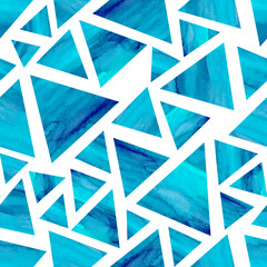 Seamless geometric pattern with blue watercolor triangles of different sizes on a white background. Hand-drawn.