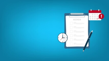 Agenda list on clipboard. Meeting agenda. Reminder with a event list and schedule. Presentation with memo.	