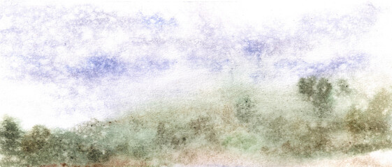 Hand-drawn watercolor landscape in silver tones, river bank