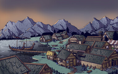 Viking village drawing. Wooden huts on the shores of the sea, drakkars and boats. Landscape of a medieval town against the backdrop of mountains and sunset. Hand-drawn digital art