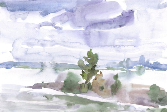 Hand-drawn watercolor landscape in silver tones, river bank