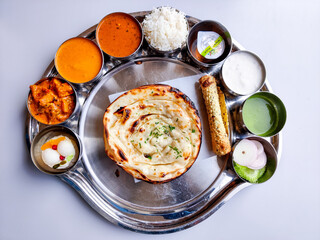 Indian vegetarian big meal plate, traditional food top view