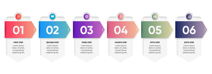colorful gradient 6 steps infographic design with arrow. Infographic design with big numbering. red, blue, purple, orange, green, and gray gradient colors.