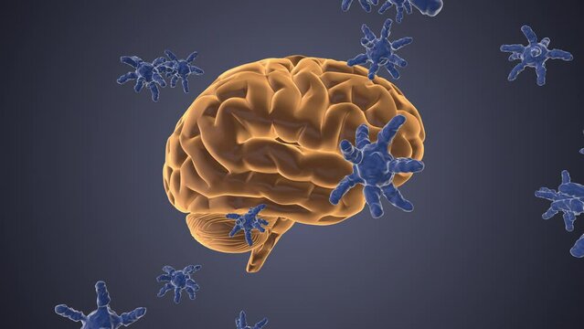 3d medical background with virus cells attacking a brain