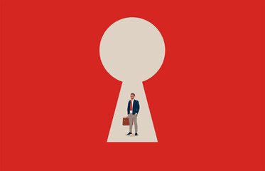 Business career solution with businessman standing in a keyhole. Symbol of challenge, success. 