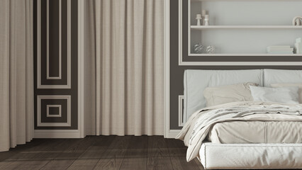 Classic bedroom in white and dark tones close up. Double modern bed and carpet, arched walls with curtains. Molded walls and bookshelf, parquet. Neoclassic interior design