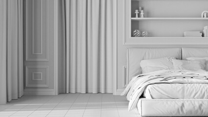 Total white project draft, classic bedroom close up. Double modern bed and carpet, arched walls with curtains. Molded walls and bookshelf, parquet. Neoclassic interior design