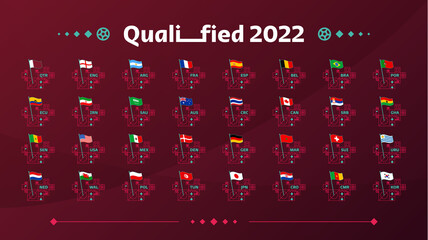 World football 2022 Groups and flags set. Flags of the countries participating in the 2022 World championship set. Vector illustration