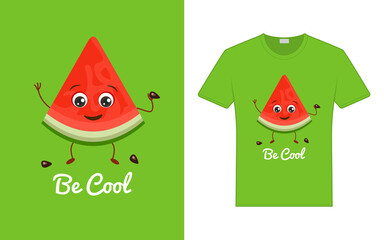 Funny watermelon with seeds. Be cool slogan. Print on T-shirts, card, poster and souvenirs. Global swatches vector illustration. Children's simple style print.