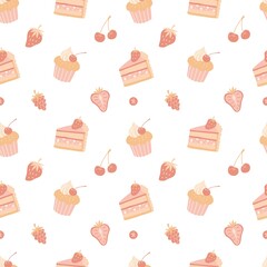 Repeating pattern with cupcake elements. Cute pastel colors.