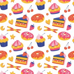 Bright repeating pattern. Desserts and sweets. Vector seamless pattern.