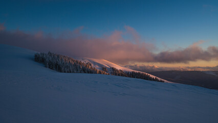 Rodnei Mountains in the winter, Location Pasul Rotunda at sunset.