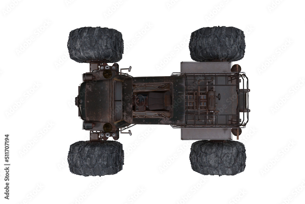 Poster overhead view of black futuristic post apocalyptic off road car with monster wheels. 3d rendering is