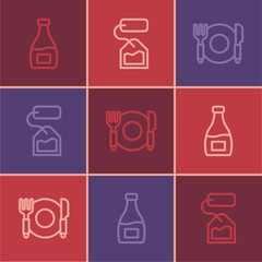 Set line Sauce bottle, Plate, fork and knife and Tea bag icon. Vector