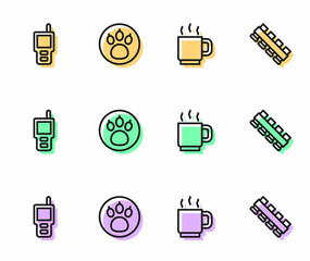 Set line Coffee cup, Walkie talkie, Paw search and Hunting cartridge belt icon. Vector