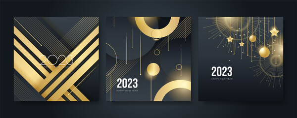 Fototapeta Happy new 2023 year elegant gold text with light. Minimal text template on black background obraz