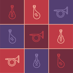 Set line Guitar, Trumpet and Bandura icon. Vector