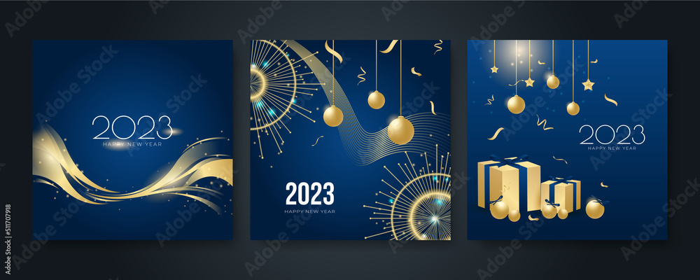 Wall mural happy new year 2023 square post card background for social media template. blue and gold 2023 new ye