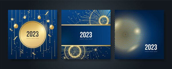 Happy new year 2023 square post card background for social media template. Blue and gold 2023 new year winter holiday greeting card template. Minimalistic trendy banner for branding, cover, card.