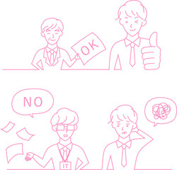 上司にすんなり承認がとれたサラリーマンと、担当者からNGをくらうサラリーマン　ベクターイラスト