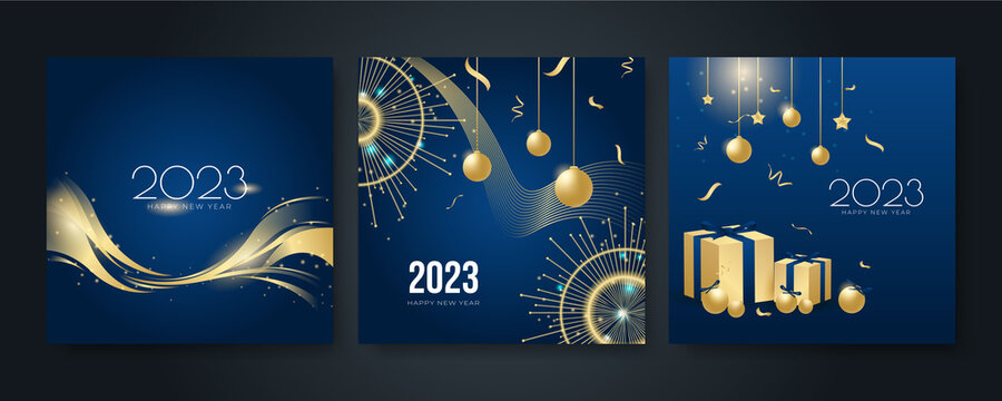 Happy New Year 2023 Square Post Card Background For Social Media Template. Blue And Gold 2023 New Year Winter Holiday Greeting Card Template. Minimalistic Trendy Banner For Branding, Cover, Card.