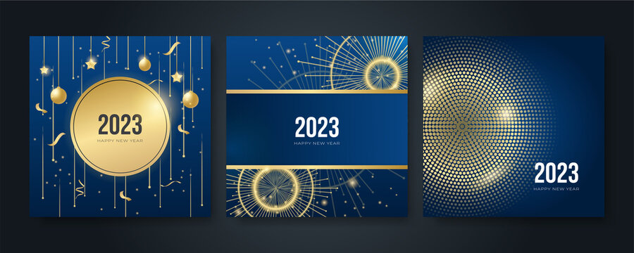 Happy new year 2023 square post card background for social media template. Blue and gold 2023 new year winter holiday greeting card template. Minimalistic trendy banner for branding, cover, card.