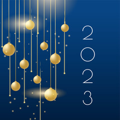 Happy new year 2023 square post card background for social media template. Blue and gold 2023 new year winter holiday greeting card template. Minimalistic trendy banner for branding, cover, card.