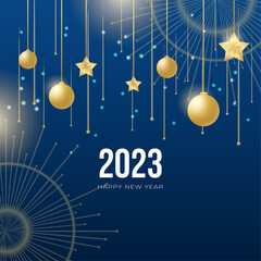 Fototapeta na wymiar Happy new year 2023 square post card background for social media template. Blue and gold 2023 new year winter holiday greeting card template. Minimalistic trendy banner for branding, cover, card.