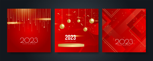 Happy new year 2023 square post card background for social media template. Red and gold 2023 new year winter holiday greeting card template. Minimalistic trendy banner for branding, cover, card.