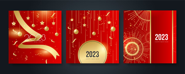 Happy new year 2023 square post card background for social media template. Red and gold 2023 new year winter holiday greeting card template. Minimalistic trendy banner for branding, cover, card.