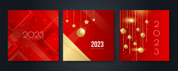Happy new year 2023 square post card background for social media template. Red and gold 2023 new year winter holiday greeting card template. Minimalistic trendy banner for branding, cover, card.